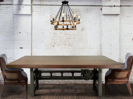 Industrial Dining Table - Cast Iron Base - Adjustable Height Crank - Walnut - Rustic Deco