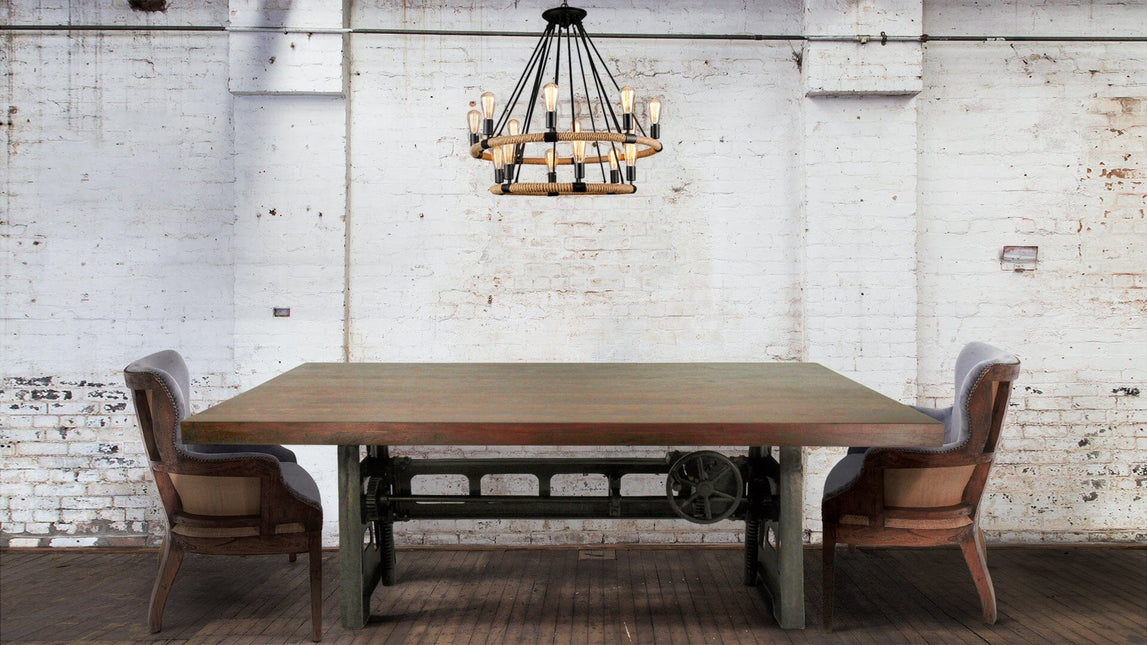 Industrial Dining Table - Cast Iron Base - Adjustable Height Crank - Walnut - Rustic Deco