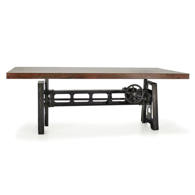 Industrial Dining Table - Cast Iron Base - Adjustable Height Crank - Walnut - Rustic Deco