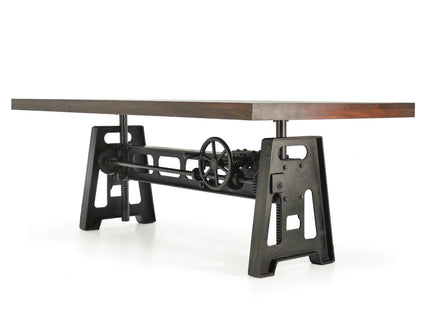 Industrial Dining Table - Cast Iron Base - Adjustable Height Crank - Walnut - Rustic Deco