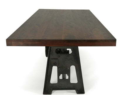 Industrial Dining Table - Cast Iron Base - Adjustable Height Crank - Walnut - Rustic Deco