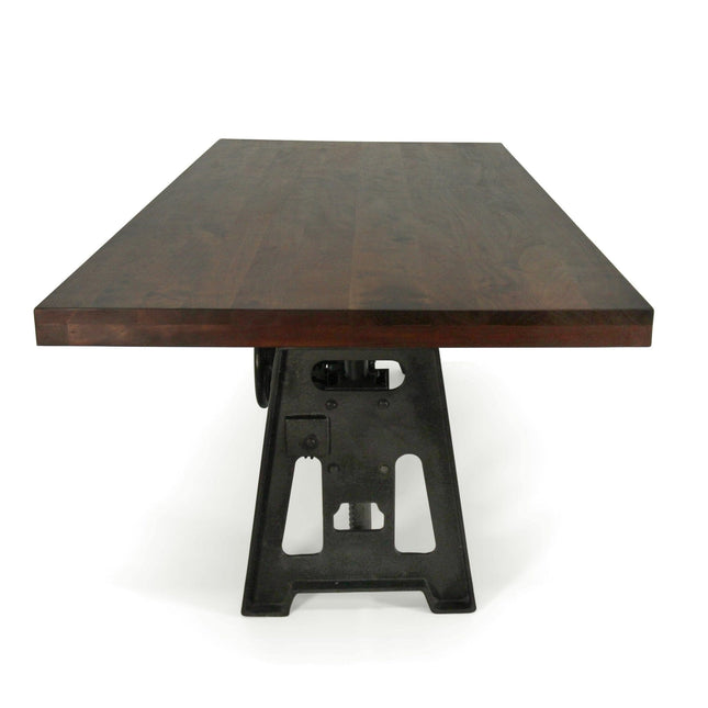 Industrial Dining Table - Cast Iron Base - Adjustable Height Crank - Walnut - Rustic Deco