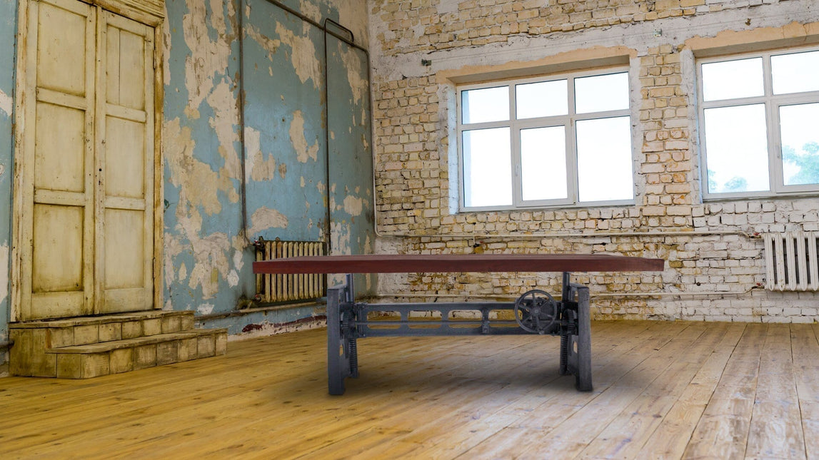 Industrial Dining Table - Cast Iron Base - Adjustable Height - Rustic Mahogany - Rustic Deco