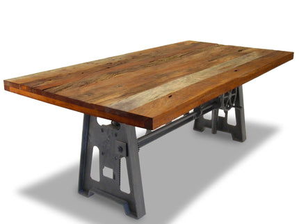 Industrial Dining Table - Cast Iron Base - Adjustable Height - Rustic Natural - Rustic Deco