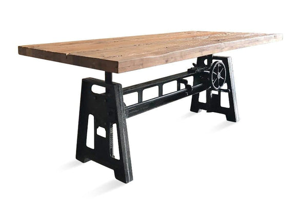 Industrial Dining Table - Cast Iron Base - Adjustable Height - Rustic Natural - Rustic Deco