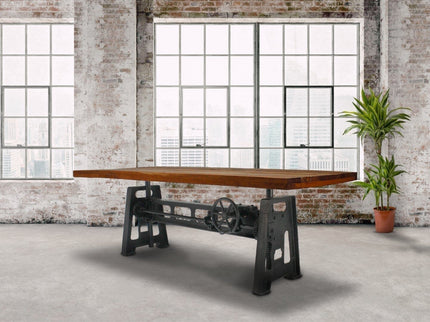 Industrial Dining Table - Cast Iron Base - Adjustable Height - Rustic Natural - Rustic Deco