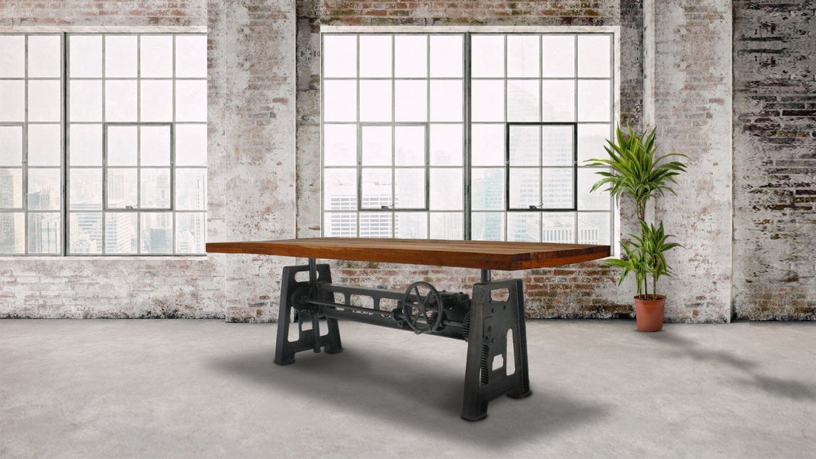 Industrial Dining Table - Cast Iron Base - Adjustable Height - Rustic Natural - Rustic Deco