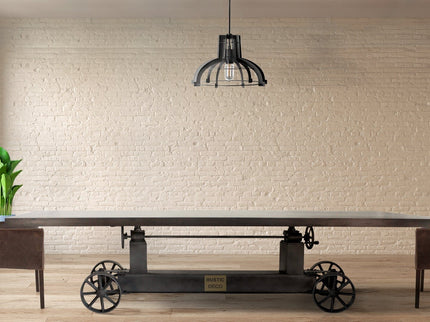 Industrial Trolley Adjustable Communal Dining Table - Iron Wheels - Ebony 120" - Rustic Deco