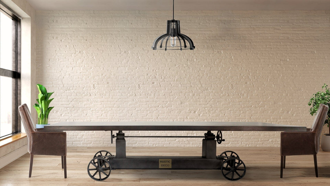 Industrial Trolley Adjustable Communal Dining Table - Iron Wheels - Ebony 120" - Rustic Deco