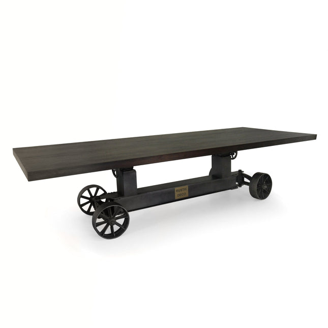 Industrial Trolley Adjustable Communal Dining Table - Iron Wheels - Ebony 120" - Rustic Deco