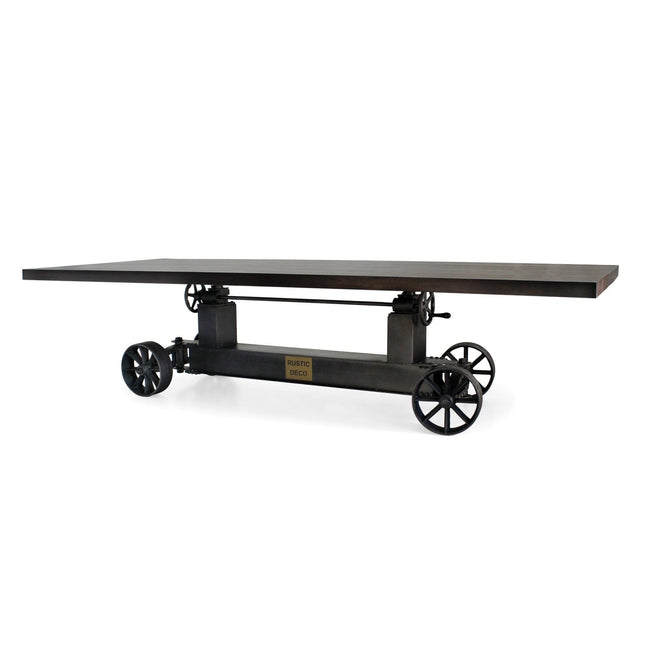 Industrial Trolley Adjustable Communal Dining Table - Iron Wheels - Ebony 120" - Rustic Deco