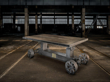 Industrial Trolley Dining Table - Iron Wheels - Adjustable Crank - Gray Top - Rustic Deco