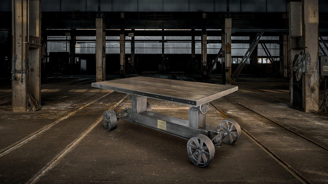 Industrial Trolley Dining Table - Iron Wheels - Adjustable Crank - Gray Top - Rustic Deco