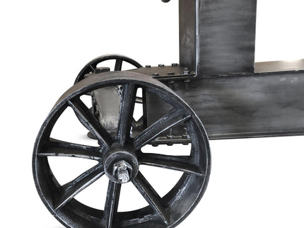 Industrial Trolley Dining Table - Iron Wheels - Adjustable Crank - Gray Top - Rustic Deco
