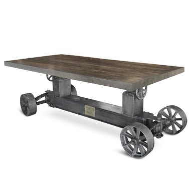 Industrial Trolley Dining Table - Iron Wheels - Adjustable Crank - Gray Top - Rustic Deco