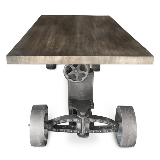 Industrial Trolley Dining Table - Iron Wheels - Adjustable Crank - Gray Top - Rustic Deco