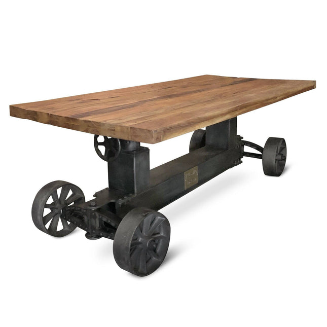 Industrial Trolley Dining Table - Iron Wheels Adjustable Crank - Natural Rustic - Rustic Deco