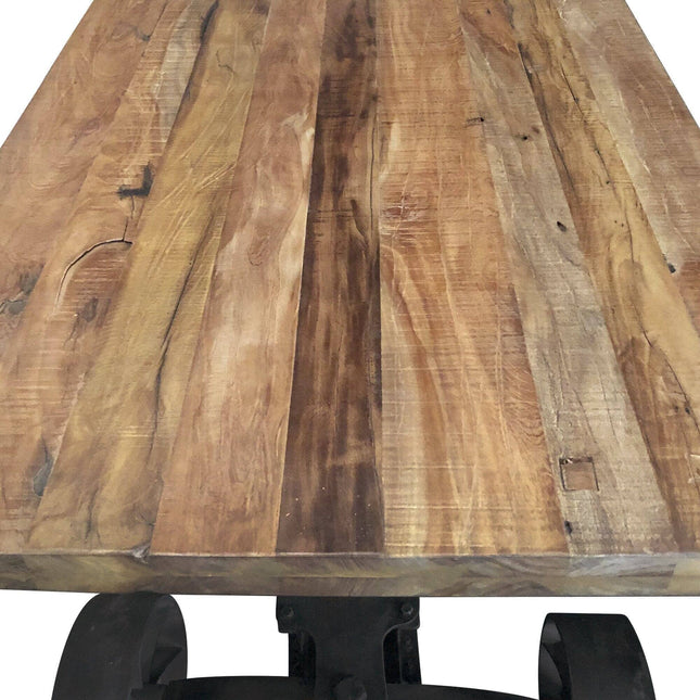 Industrial Trolley Dining Table - Iron Wheels Adjustable Crank - Natural Rustic - Rustic Deco