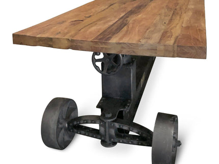 Industrial Trolley Dining Table - Iron Wheels Adjustable Crank - Natural Rustic - Rustic Deco