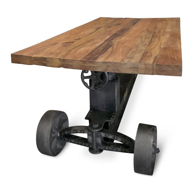 Industrial Trolley Dining Table - Iron Wheels Adjustable Crank - Natural Rustic - Rustic Deco