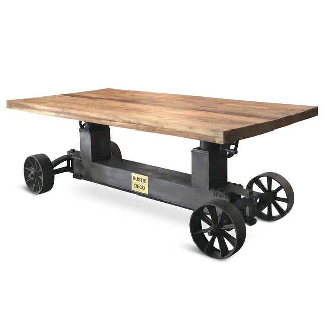 Industrial Trolley Dining Table - Iron Wheels Adjustable Crank - Natural Rustic - Rustic Deco