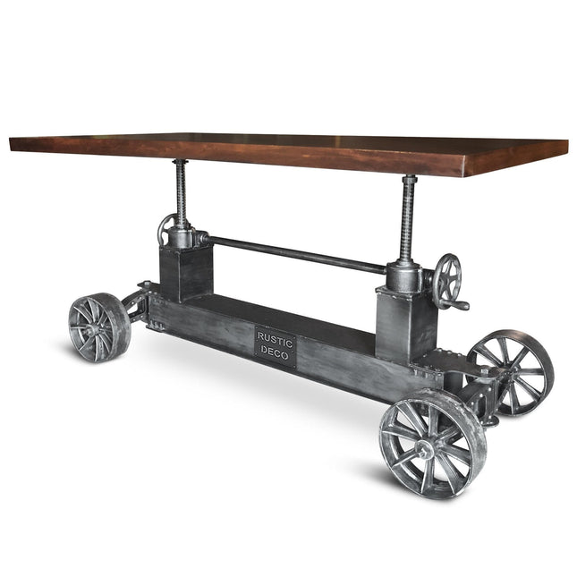 Industrial Trolley Dining Table - Iron Wheels Adjustable Height - Walnut - Rustic Deco