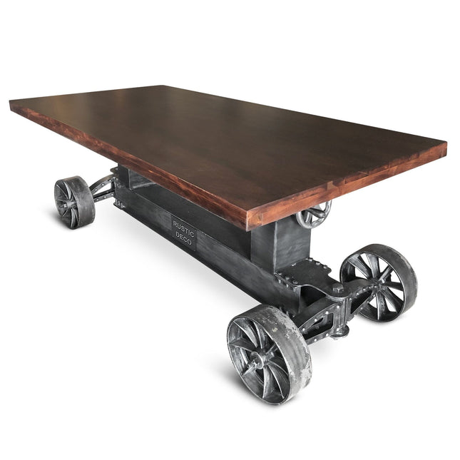 Industrial Trolley Dining Table - Iron Wheels Adjustable Height - Walnut - Rustic Deco