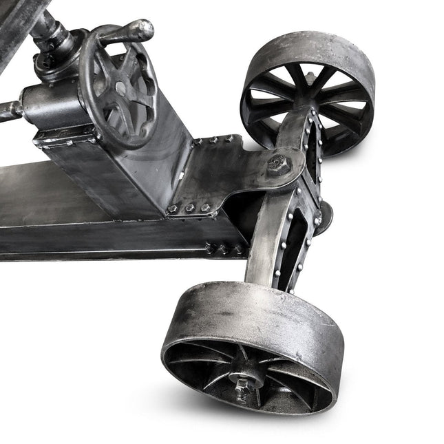Industrial Trolley Dining Table - Iron Wheels Adjustable Height - Walnut - Rustic Deco