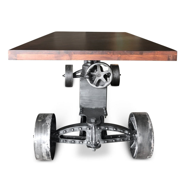 Industrial Trolley Dining Table - Iron Wheels Adjustable Height - Walnut - Rustic Deco