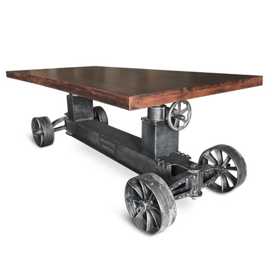 Industrial Trolley Dining Table - Iron Wheels Adjustable Height - Walnut - Rustic Deco