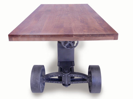 Industrial Trolley Dining Table - Iron Wheels - Adjustable - Provincial Top - Rustic Deco