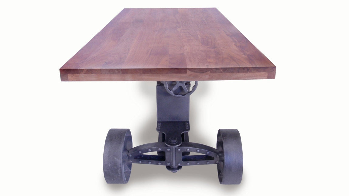 Industrial Trolley Dining Table - Iron Wheels - Adjustable - Provincial Top - Rustic Deco