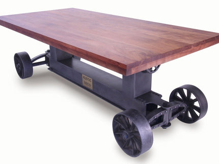 Industrial Trolley Dining Table - Iron Wheels - Adjustable - Provincial Top - Rustic Deco