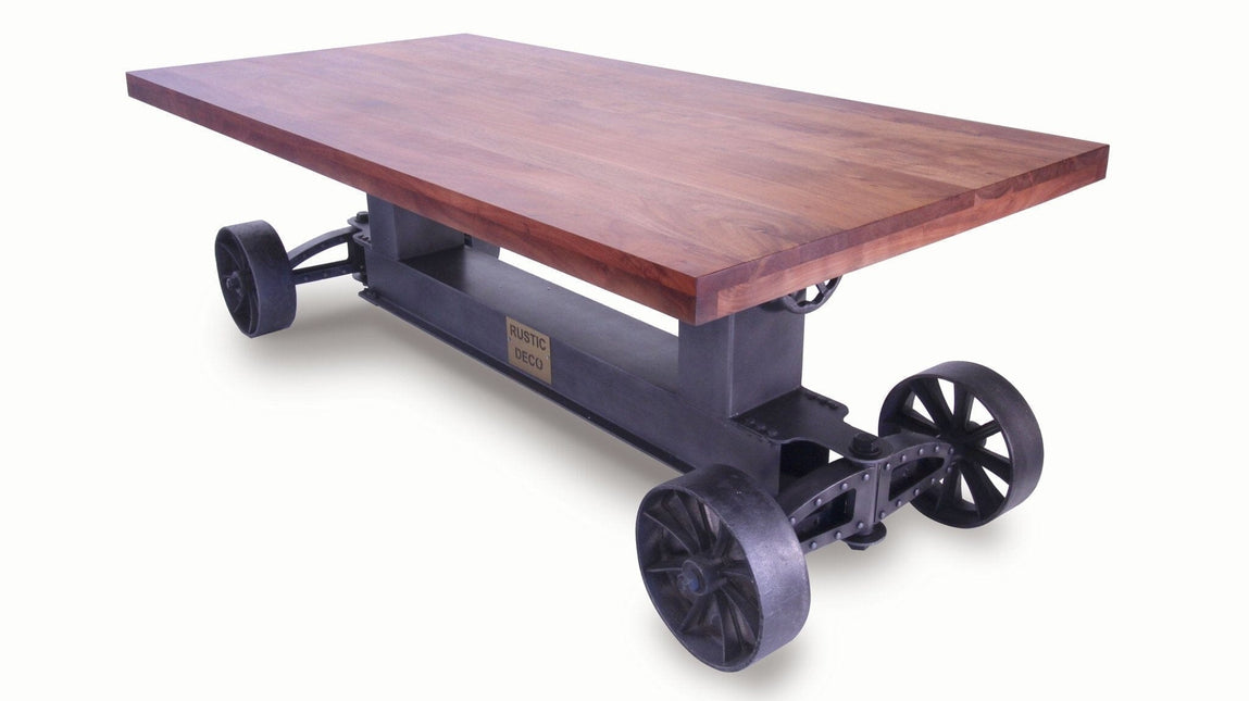 Industrial Trolley Dining Table - Iron Wheels - Adjustable - Provincial Top - Rustic Deco