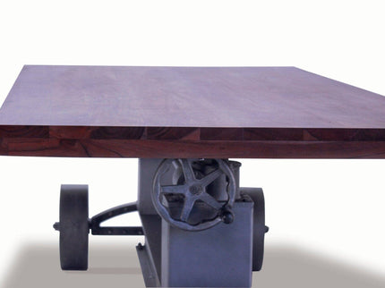 Industrial Trolley Dining Table - Iron Wheels - Adjustable - Provincial Top - Rustic Deco