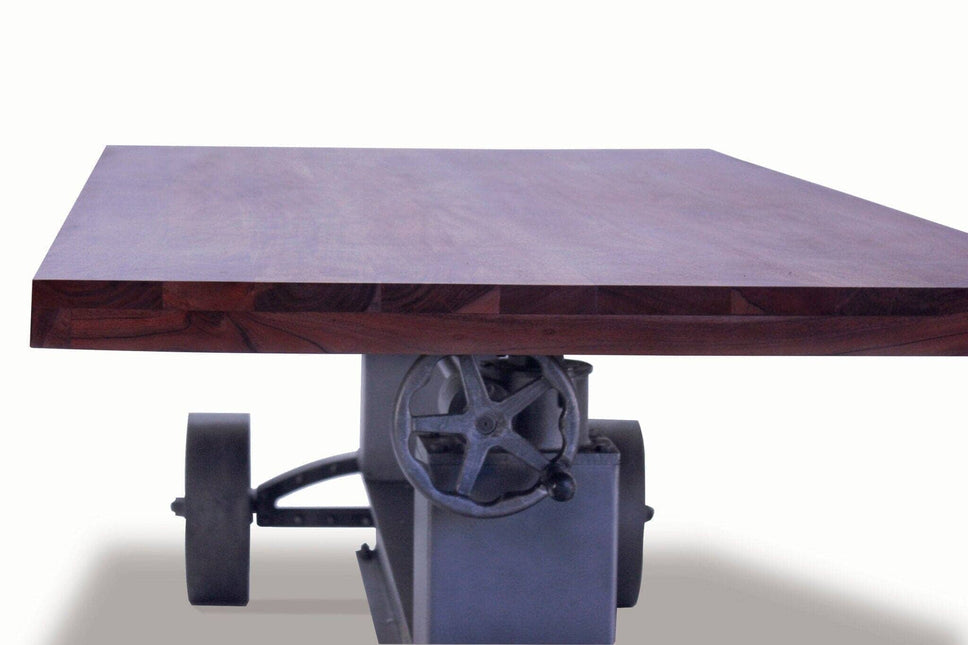 Industrial Trolley Dining Table - Iron Wheels - Adjustable - Provincial Top - Rustic Deco