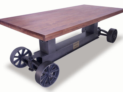 Industrial Trolley Dining Table - Iron Wheels - Adjustable - Provincial Top - Rustic Deco