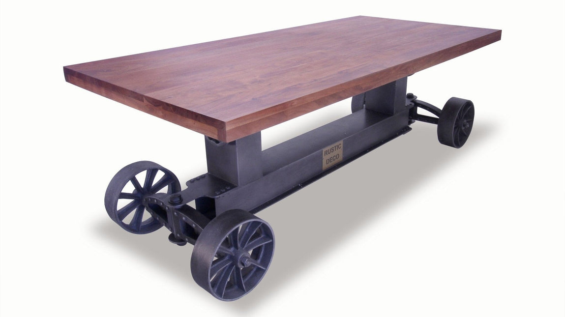 Industrial Trolley Dining Table - Iron Wheels - Adjustable - Provincial Top - Rustic Deco