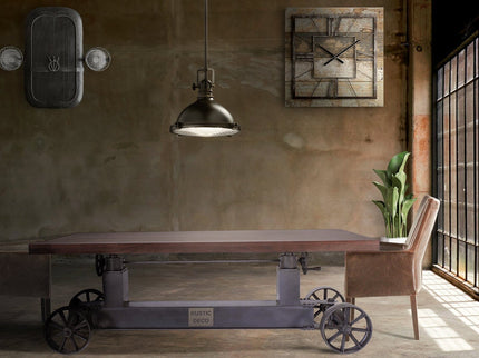 Industrial Trolley Dining Table - Iron Wheels - Adjustable - Provincial Top - Rustic Deco