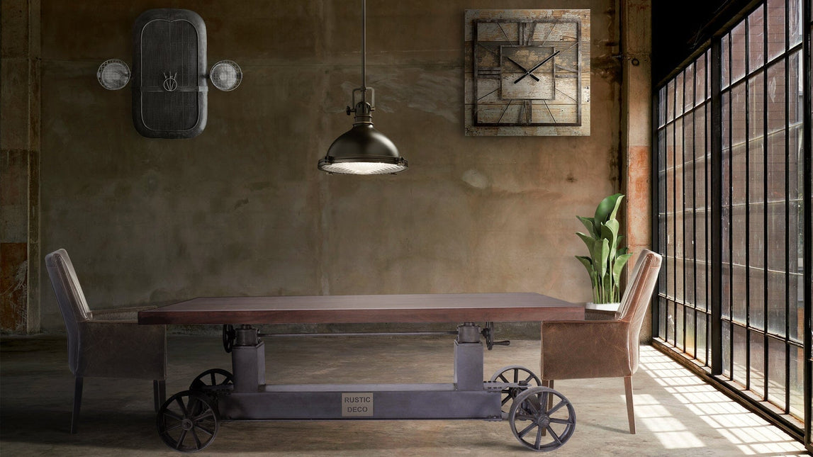 Industrial Trolley Dining Table - Iron Wheels - Adjustable - Provincial Top - Rustic Deco