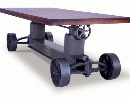 Industrial Trolley Dining Table - Iron Wheels - Adjustable - Provincial Top - Rustic Deco