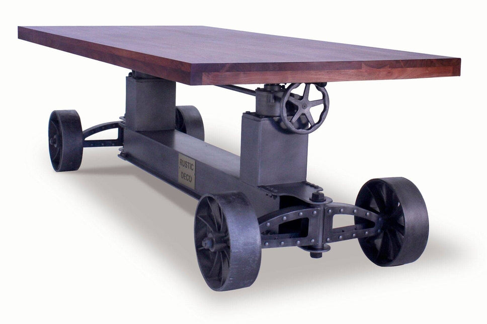 Industrial Trolley Dining Table - Iron Wheels - Adjustable - Provincial Top - Rustic Deco