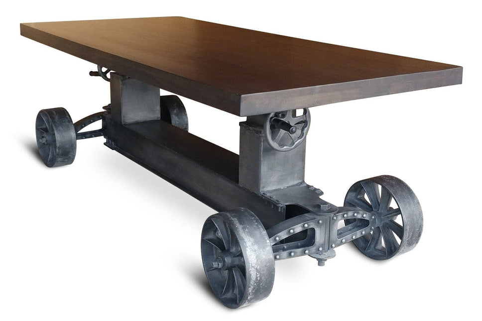 Industrial Trolley Table Desk Base - Iron Wheels - Adjustable Height - DIY - Rustic Deco