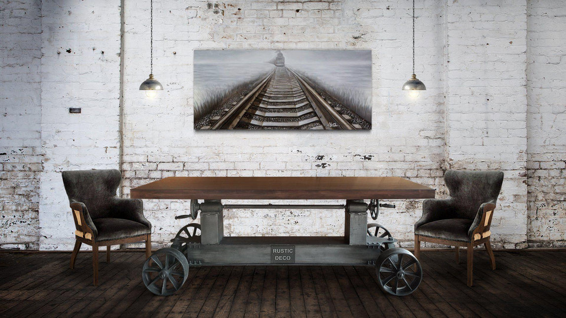 Industrial Trolley Table Desk Base - Iron Wheels - Adjustable Height - DIY - Rustic Deco