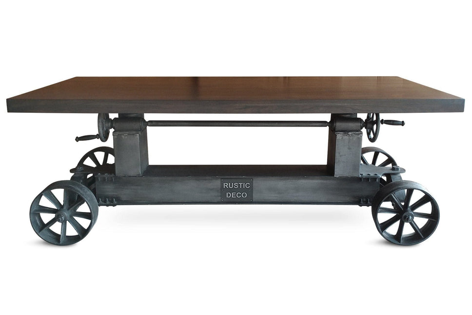 Industrial Trolley Table Desk Base - Iron Wheels - Adjustable Height - DIY - Rustic Deco