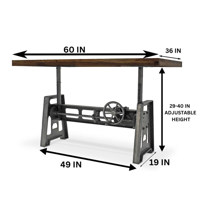 Industrial Writing Table Desk - Adjustable Height Iron Base - Natural - Rustic Deco