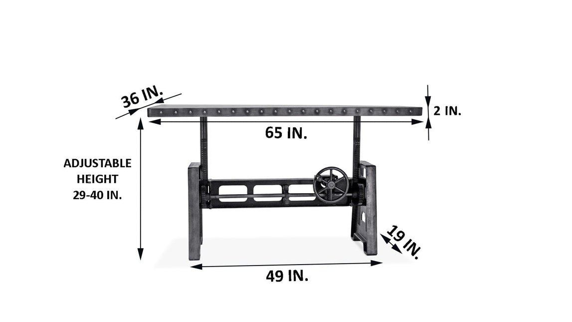 Industrial Writing Table Desk - Adjustable Height Iron Base - Steel Top - Rustic Deco