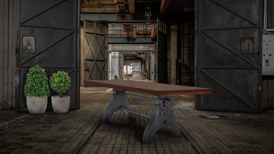 KNOX Adjustable Dining Table - Embossed Cast Iron Base - Provincial - Rustic Deco