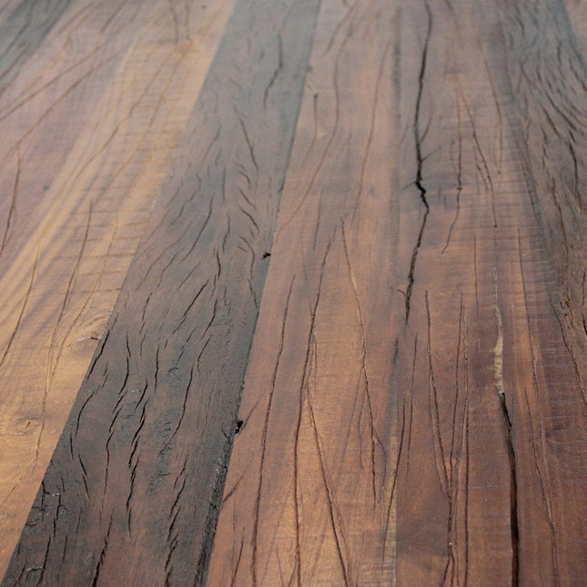 KNOX Adjustable Height Dining Table - Cast Iron Base - Rustic Mahogany - Rustic Deco