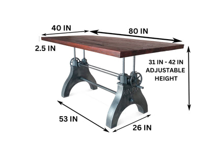 KNOX Adjustable Height Dining Table - Cast Iron Base - Rustic Mahogany - Rustic Deco